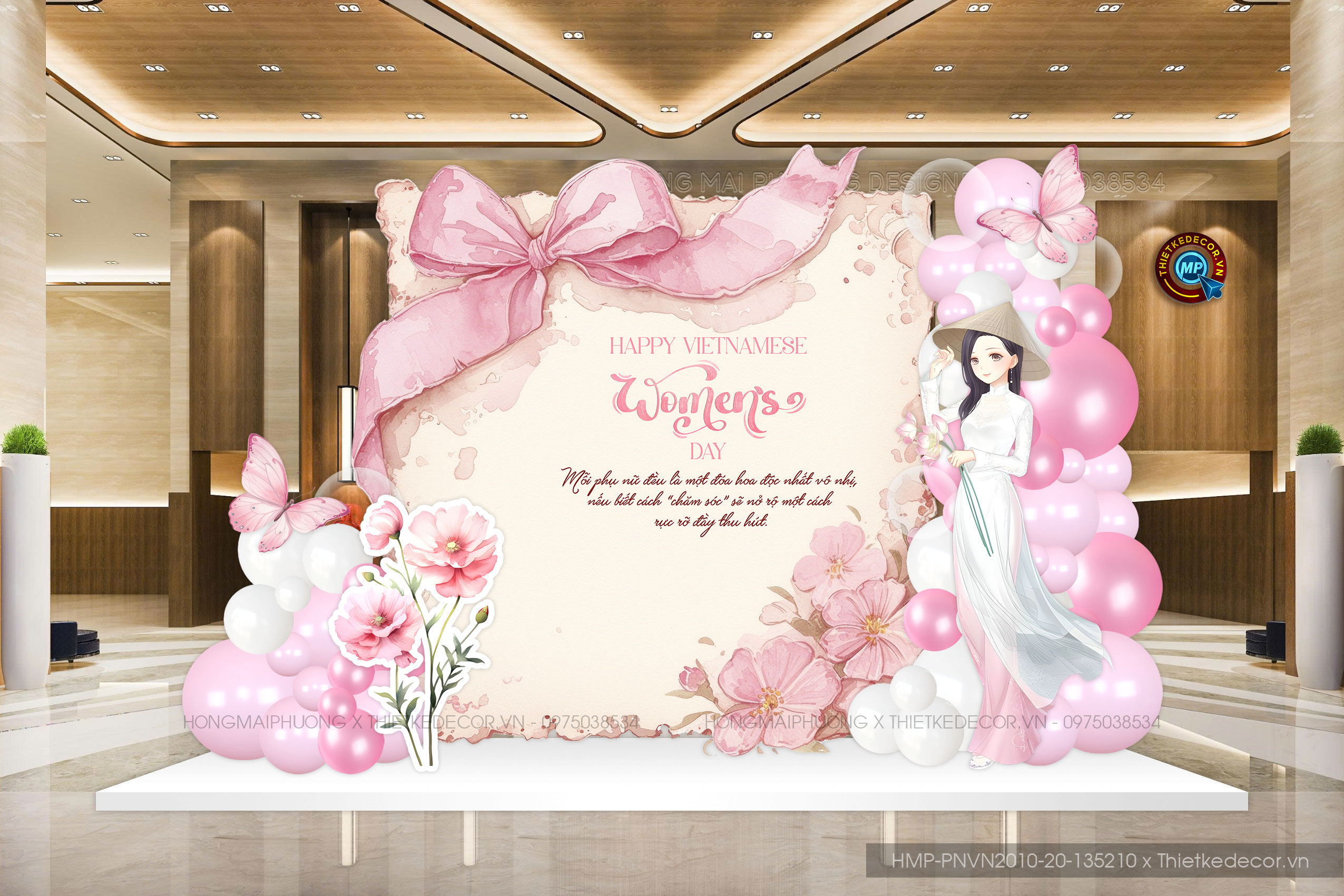 Backdrop Ngày phụ nữ VN 20-10 tone hồng - Gái áo dài siêu xinh